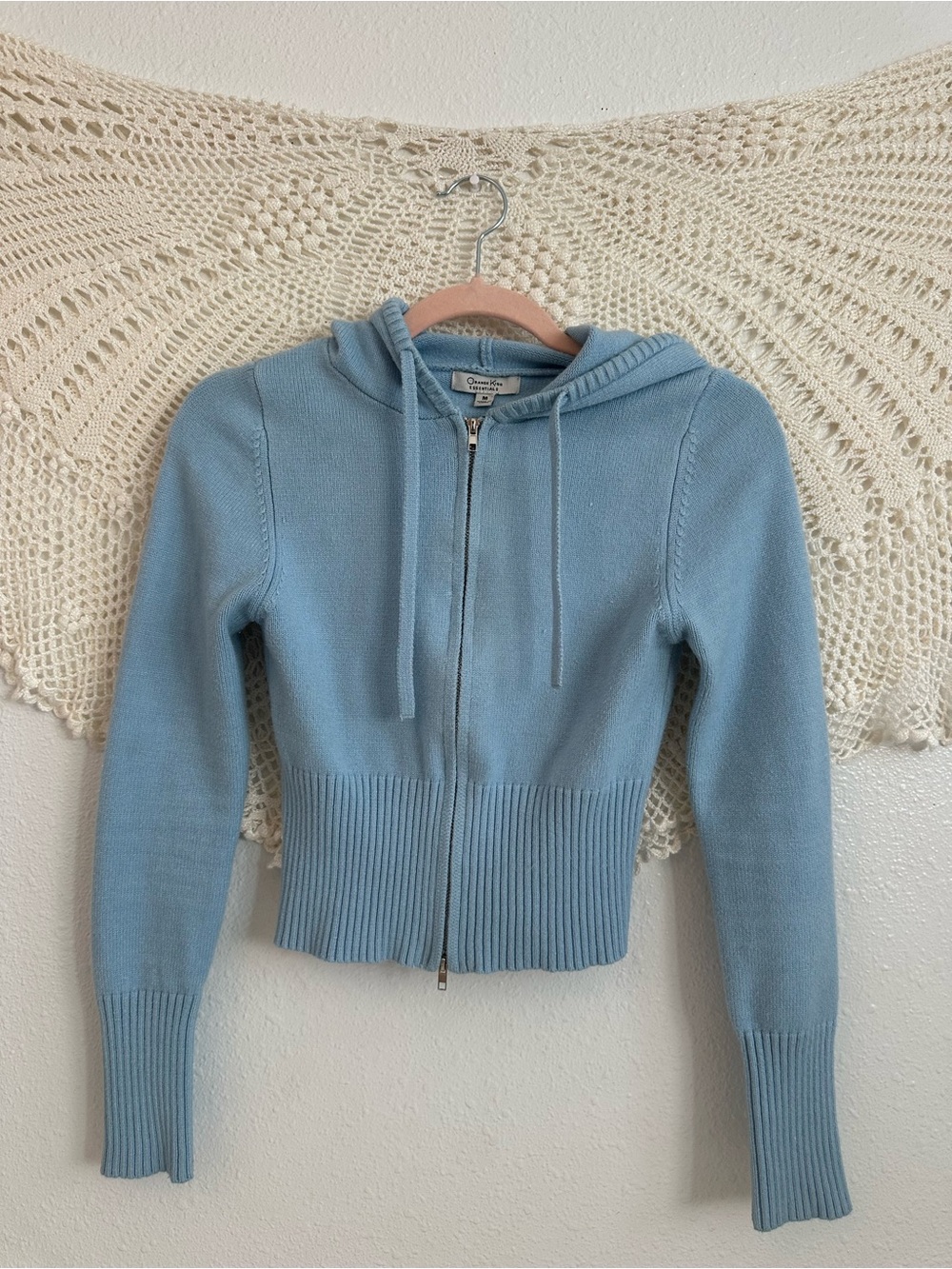 Knit Hooded Zip Up Sweater Baby blue Cropped Fit
